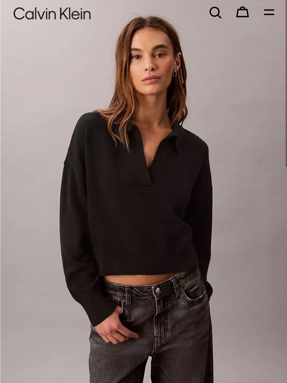 Calvin Klein Black V-Neck Collared Women's Sweater Top